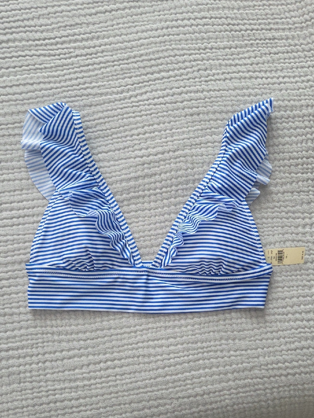 NWT aerie Blue and White Striped Ruffle Bikini Top, Size L